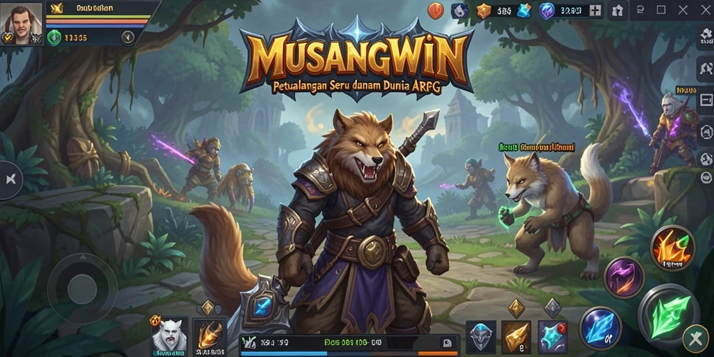 Screenshot gameplay <strong>MUSANGWIN</strong> menunjukkan pertempuran yang mengasyikkan dan dunia fantasi yang indah.