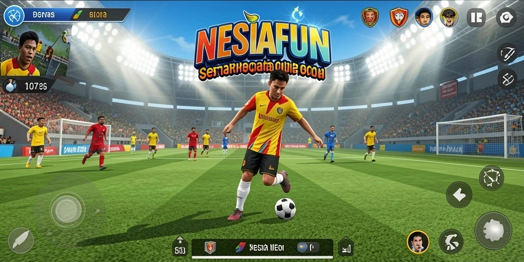 Tangkapan layar utama NESIAFUN menampilkan aksi mendebarkan di lapangan sepak bola.