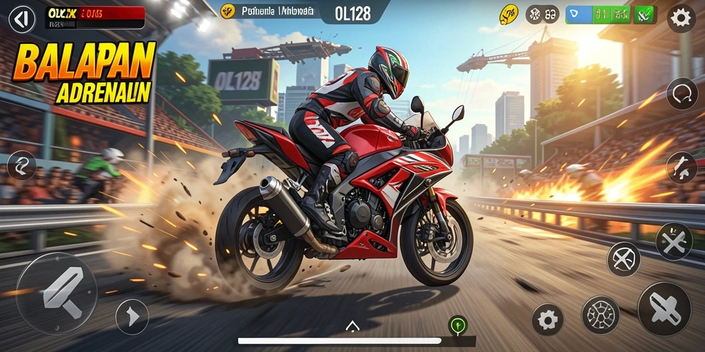 Screenshot menampilkan balapan motor yang seru dan intens di OLX128.