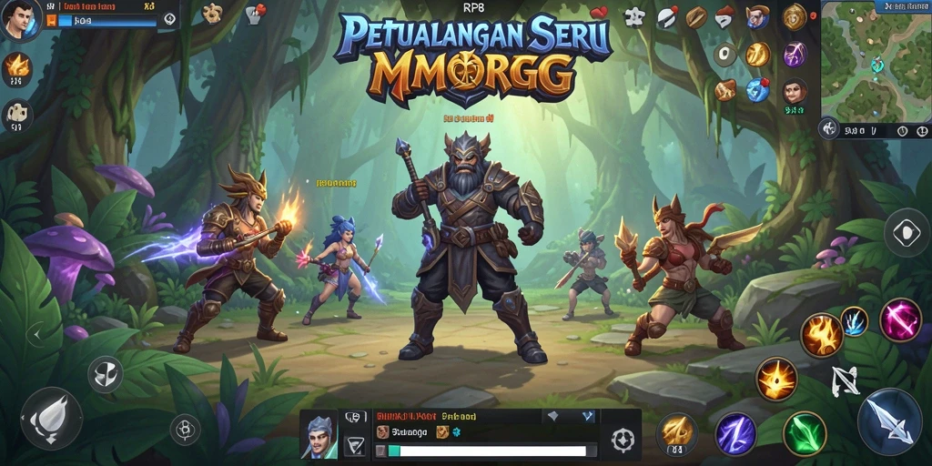 Screenshot gameplay RP8 menunjukkan pertempuran seru di dunia fantasi.