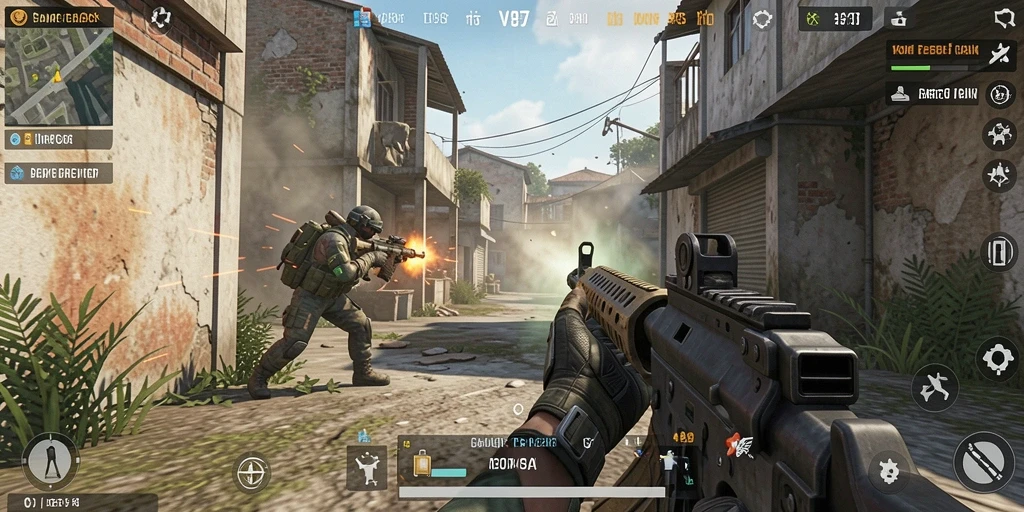 Screenshot V87 menunjukkan aksi intens dalam pertempuran FPS yang mendebarkan.